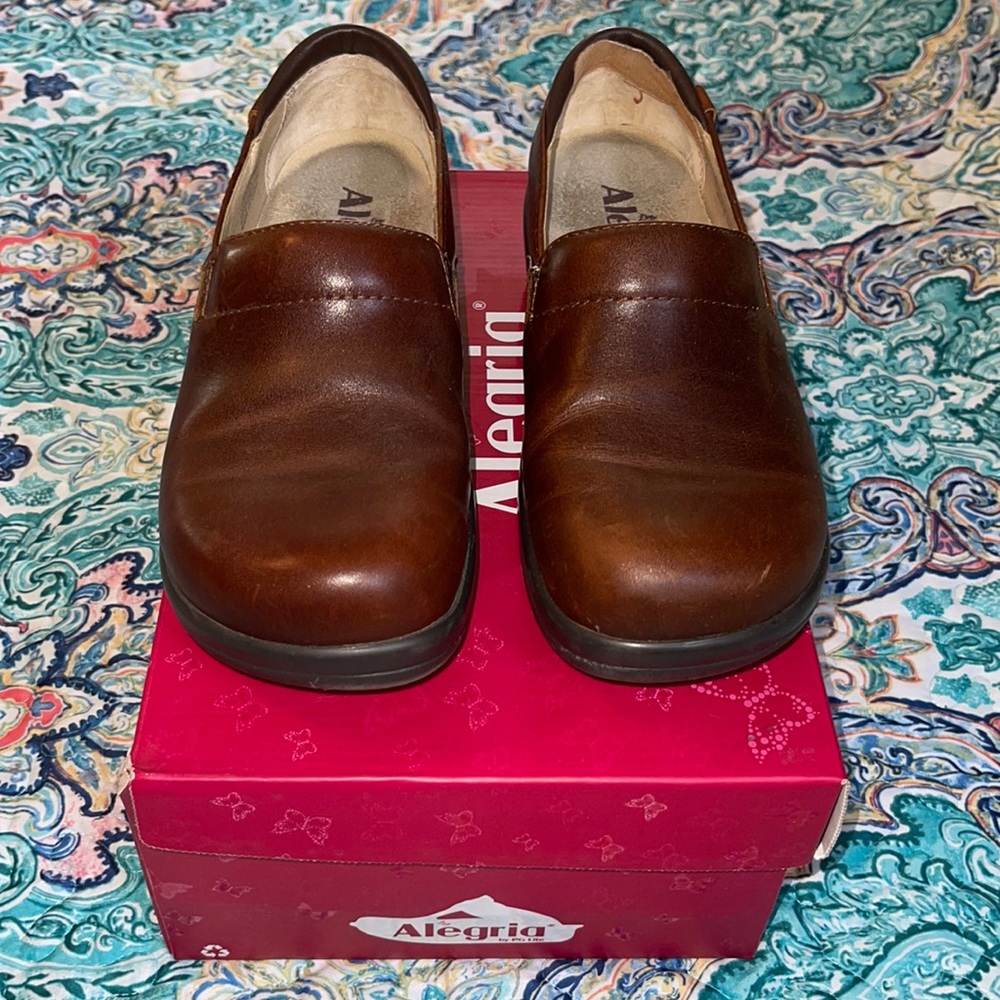 Alegria Brown Leather Clogs